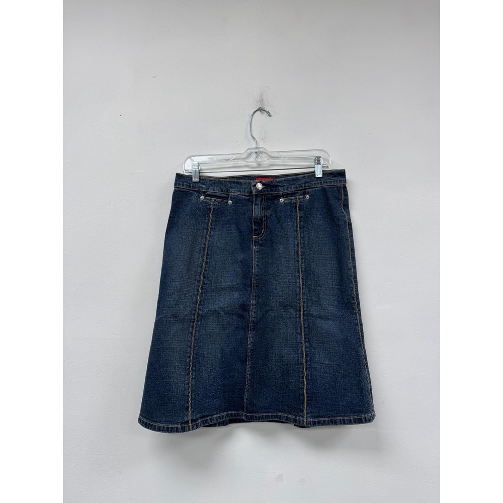 Bebe Skirt Womens 30 Blue Denim A-Line Knee Length Made USA‎ Pockets Casual Y2K